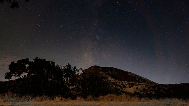 Milky way shines in night sky over a mountain and oak tree.