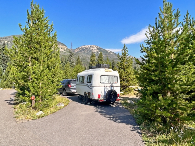 A trailer is set up in a campsite