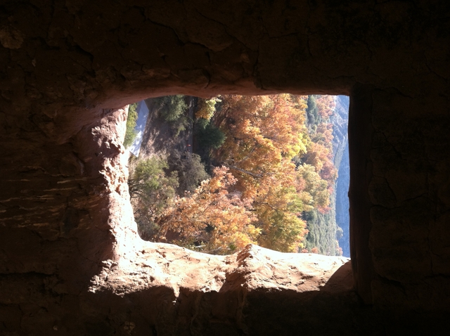 Sun shines on the window sill in a masonry wall; trees in fall color are seen outside the window.