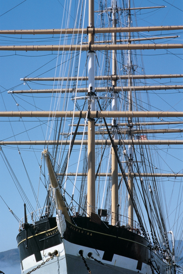 The bow and masts of a 19th century sailing ship.