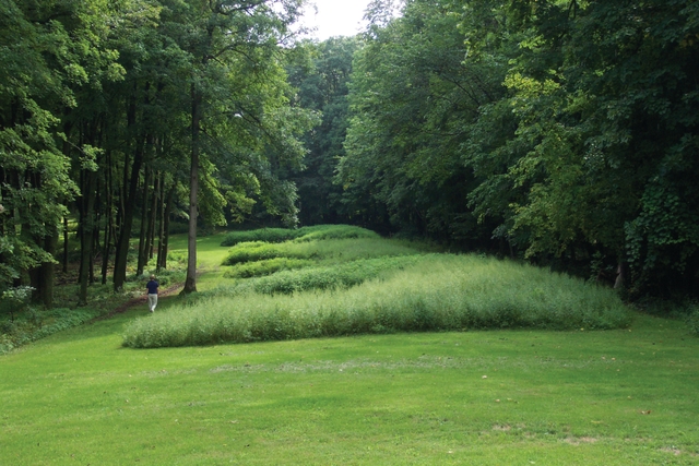 Bear Effigy Mounds with visitor walking nearby.