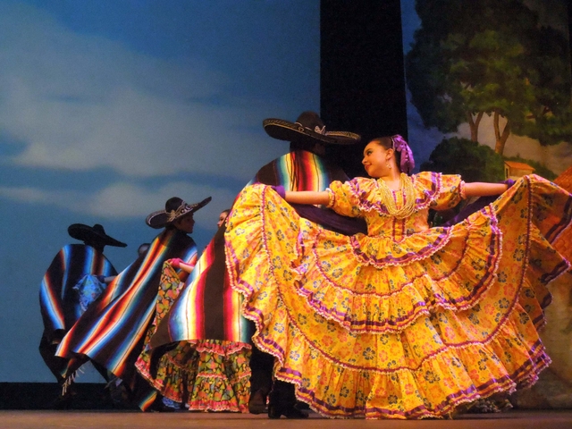 Women in swirling skirts and men with sombreros and colorful ponchos dance onstage