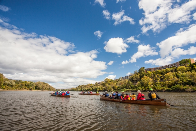 Large canoes and crews paddle down the river amidst autumnal color.