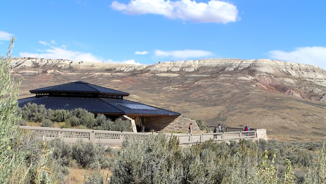 visitor center with Fossil Butte in the background