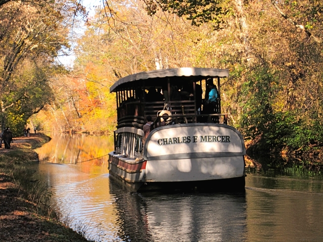 A replica double decker canal boat is being pulled upstream by mules.