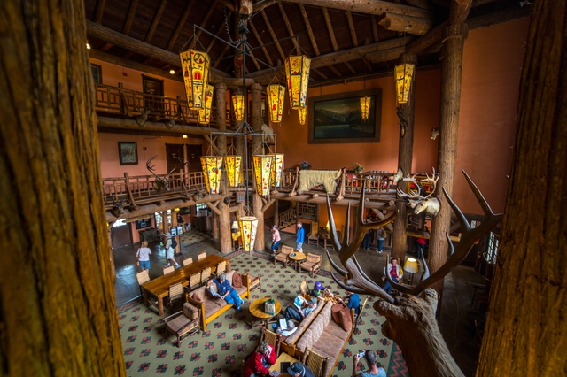 Looking down into the lobby of the Lake McDonald Lodge from the balcony