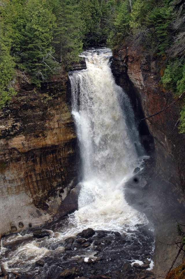 High volume of water flowing at Miners Falls
