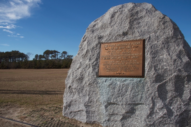 The large boulder and plaque sit where the Wright brothers first flew in their 1903 flyer.