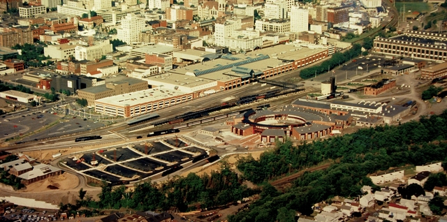 An aerial view of Steamtown which falls within the boundaries of a mid-size city.