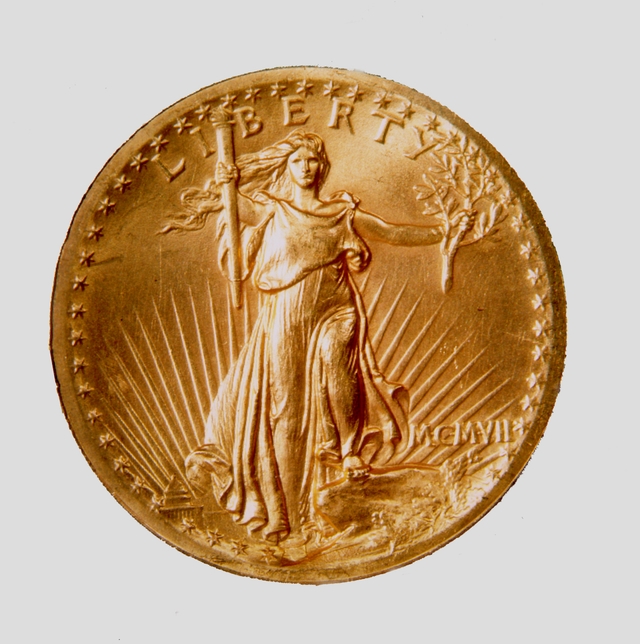 Obverse of the twenty dollar gold coin, 1907