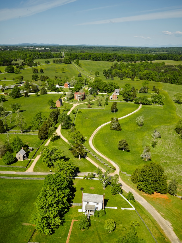 Aerial view of the village of Appomattox Court House taken in 2014.