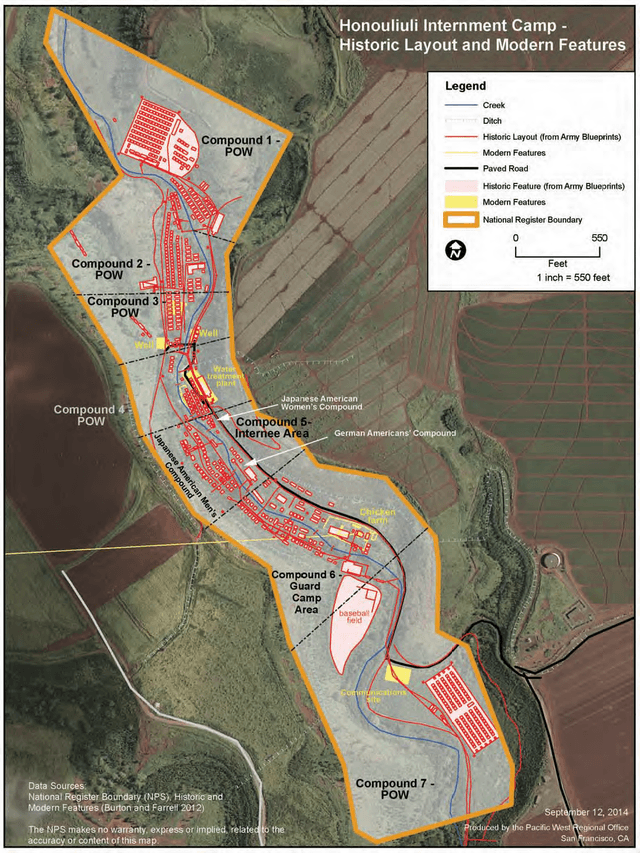 Satellite image of Honouliuli Gulch with a historic overlay illustrating Honouliuli's layout