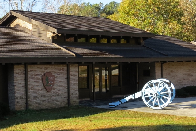 blue cannon sits in front of park's visitor center