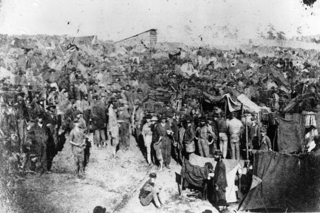 A historic photo of thousands of emaciated Union soldiers held prisoner in 1865