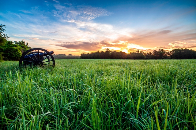 The sun rises behind a green field with a cannon in the foreground.