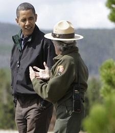 President Barack Obama walks with Park Ranger Katy Duffy