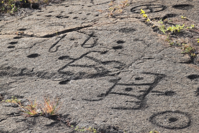 Petroglyphs of human figures carved into gray rock