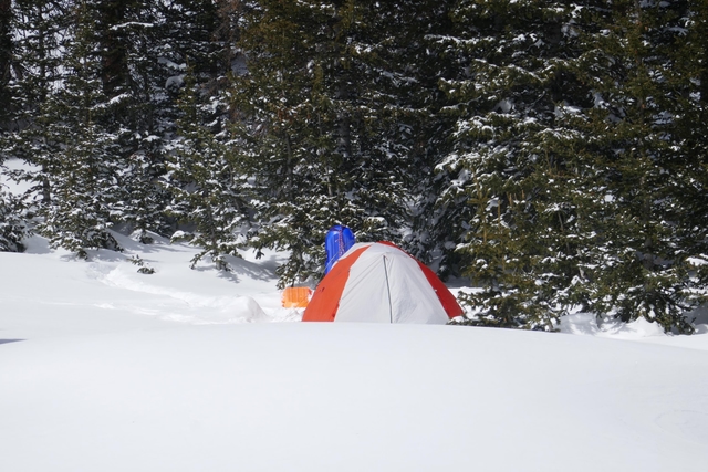 A tent is surrounded by snow on the ground
