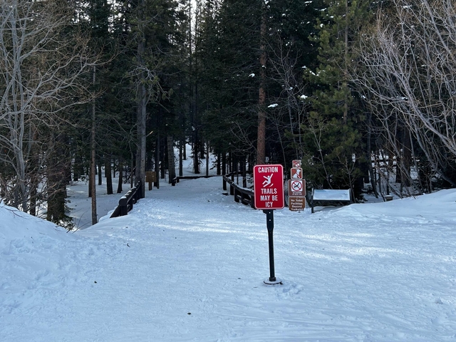 A trail is covered with a layer of snow and ice