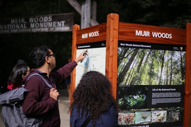 a visitor points to a sign that says muir woods