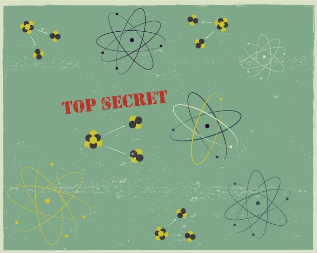 a green background with "Top Secret" and atomic diagrams