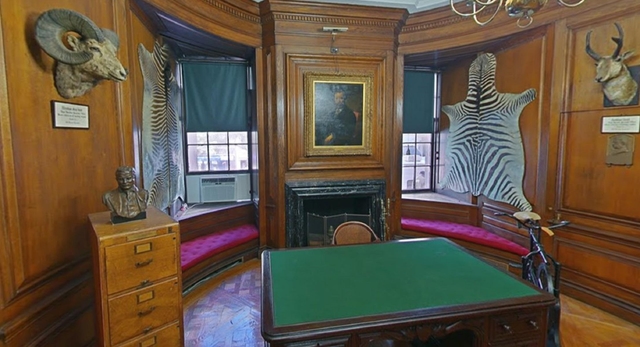 Poto of lions room with TR's Assistant Secretary to the Navy desk and taxidermy on wall.