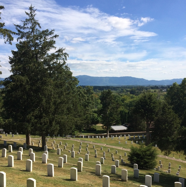 A view of Monument Hill studded with veteran headstones