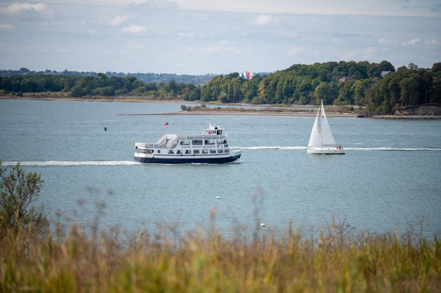view from Spectacle Island overlooking the water with a public ferry and a sailboat
