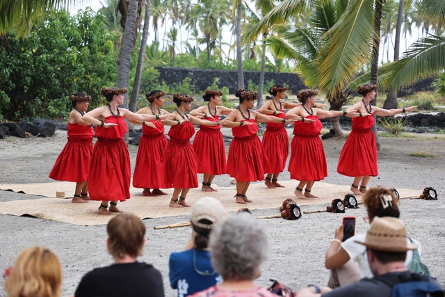 Group of hula dancers perform in front of a crowd.